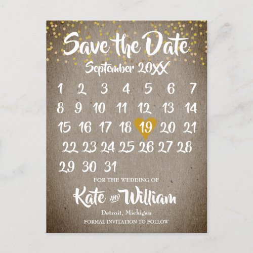 Rustic Boho Gold Love Heart Calendar Save the Date Announcement Postcard