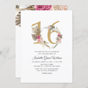Rustic Boho Gold Pampas Sweet 16 Birthday Invitation