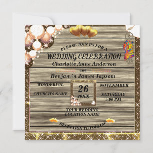 Rustic Boho Golden Glitter Wooden Wedding Invitation
