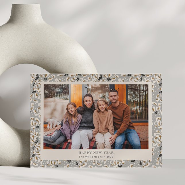 Rustic Boho Gray Stylish Botanical Photo New Year Holiday Card (Creator Uploaded)