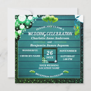 Rustic Boho Green Glitter Wooden Wedding Invitation