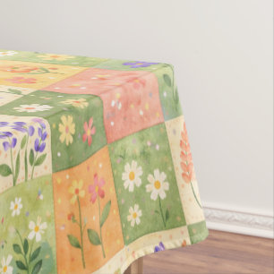 Rustic Boho Green & Orange Quilt Floral Patchwork Tablecloth
