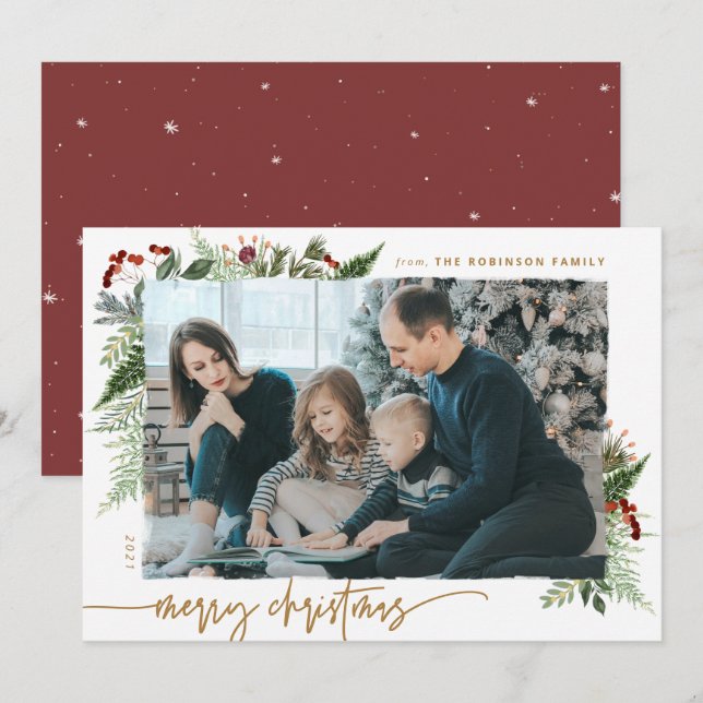 Rustic Boho Greenery Gold Dry Brush Effect Photo Holiday Card (Front/Back)