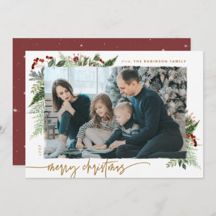 Rustic Boho Greenery Gold Dry Brush Effect Photo Holiday Card