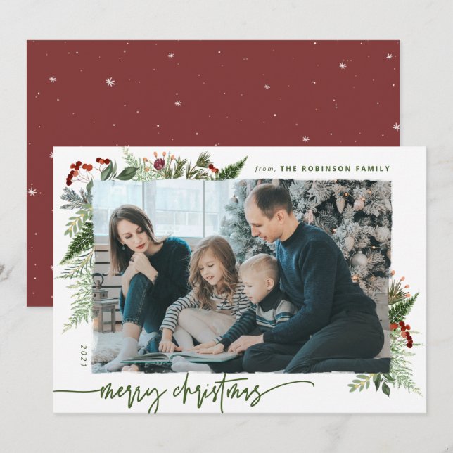 Rustic Boho Greenery Merry Christmas 1 Photo Holiday Card (Front/Back)