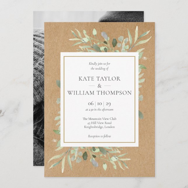 Rustic Boho Greenery Photo Wedding Invitation (Front/Back)