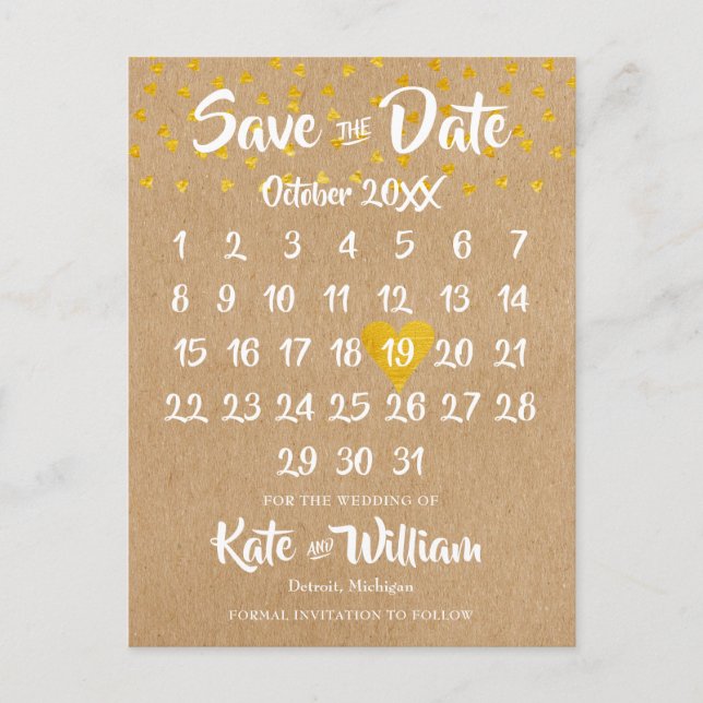 Rustic Boho Heart Calendar Photo Save the Date Announcement Postcard (Front)