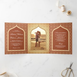 Rustic Boho Indian Lattice Arch Terracotta Wedding Tri-Fold Invitation