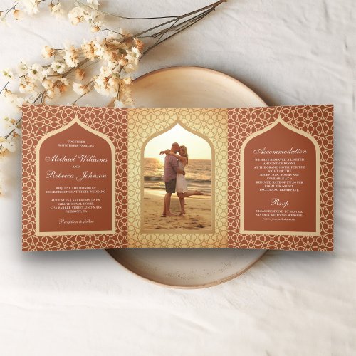 Rustic Boho Indian Lattice Arch Terracotta Wedding Tri_Fold Invitation