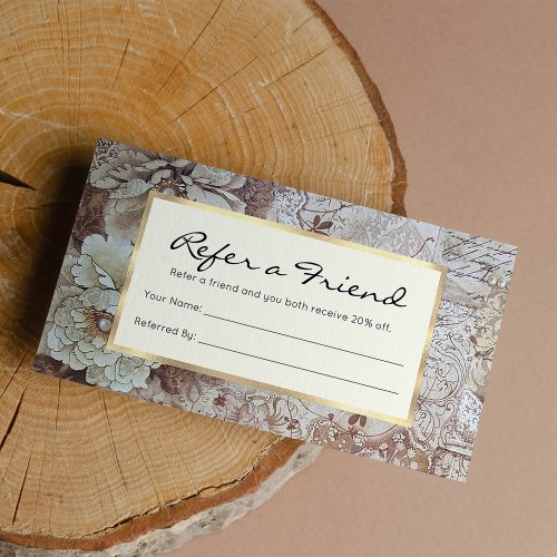 Rustic boho ivory brown lace floral typography referral card