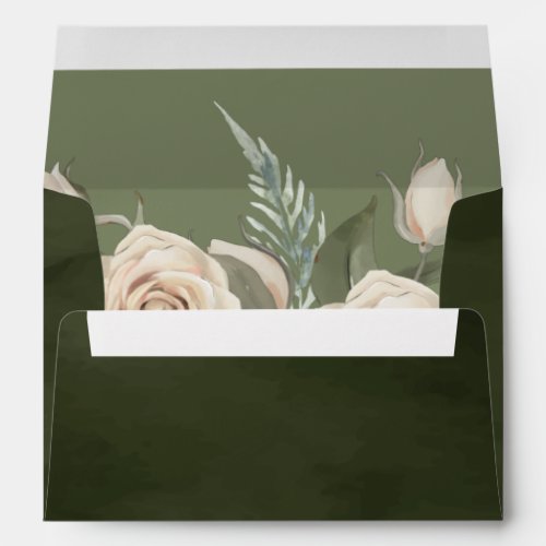 Rustic Boho Ivory Roses Dark Sage Green Wedding Envelope