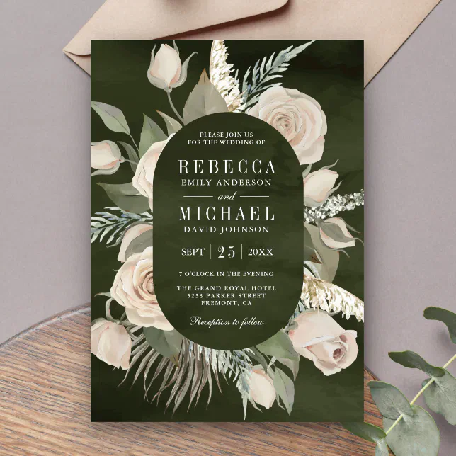 Rustic Boho Ivory Roses Dark Sage Green Wedding Invitation | Zazzle