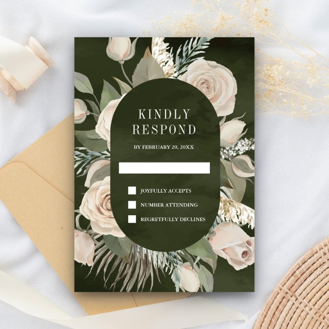 Rustic Boho Ivory Roses Dark Sage Green Wedding RSVP Card (Creator Uploaded)