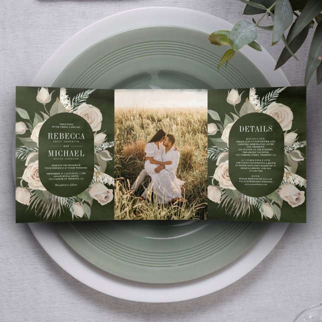 Rustic Boho Ivory Roses Dark Sage Green Wedding Tri-Fold Invitation (Creator Uploaded)