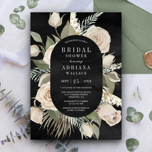 Rustic Boho Ivory Roses Sage Black Bridal Shower Invitation | Zazzle