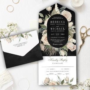 Rustic Boho Ivory Roses Sage Green Black Wedding All In One Invitation