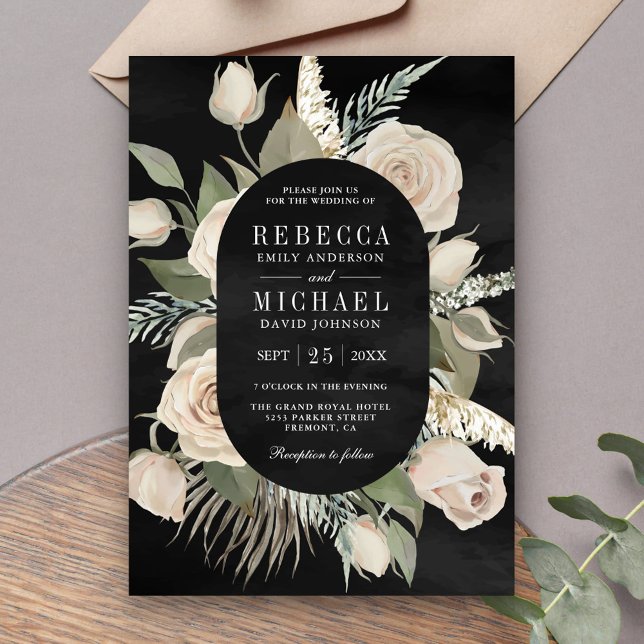 Rustic Boho Ivory Roses Sage Green Black Wedding Invitation (Creator Uploaded)