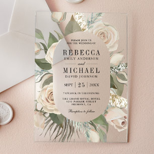 Rustic Boho Ivory Roses Sage Green Leaves Wedding Acrylic Invitations
