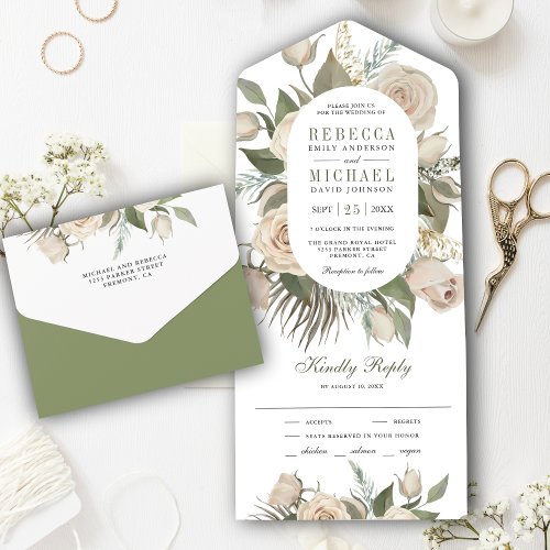 Rustic Boho Ivory Roses Sage Green Leaves Wedding All In One Invitation