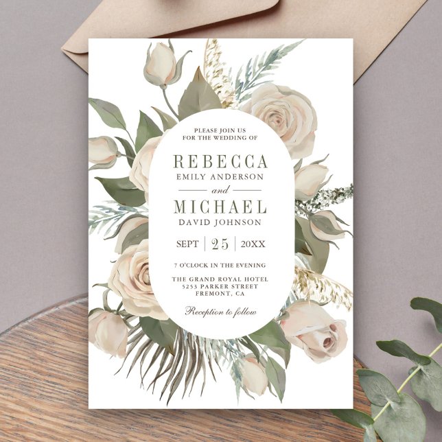 Rustic Boho Ivory Roses Sage Green Leaves Wedding Invitation (Creator Uploaded)