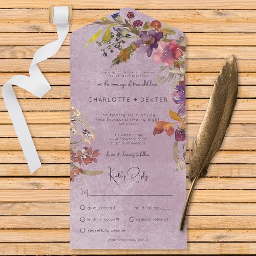 Rustic Boho Jewel Tone Florals Purple Dinner All In One Invitation