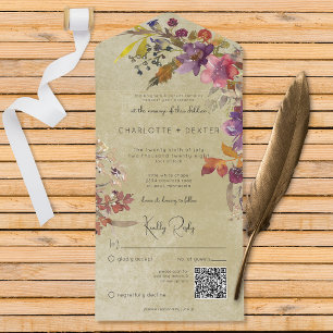 Rustic Boho Jewel Tone Florals Sage QR Code All In One Invitation