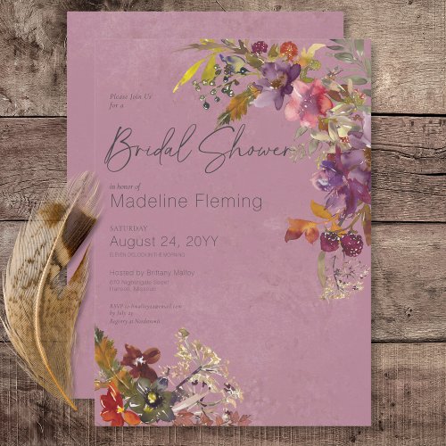 Rustic Boho Jewel Tone Plum Florals Bridal Shower Invitation