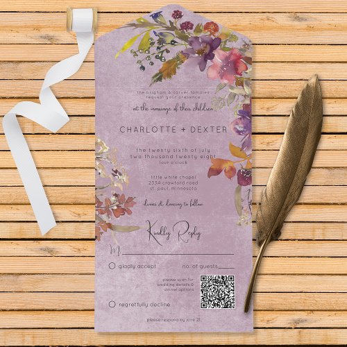 Rustic Boho Jewel Tone Purple Florals QR Code  All In One Invitation
