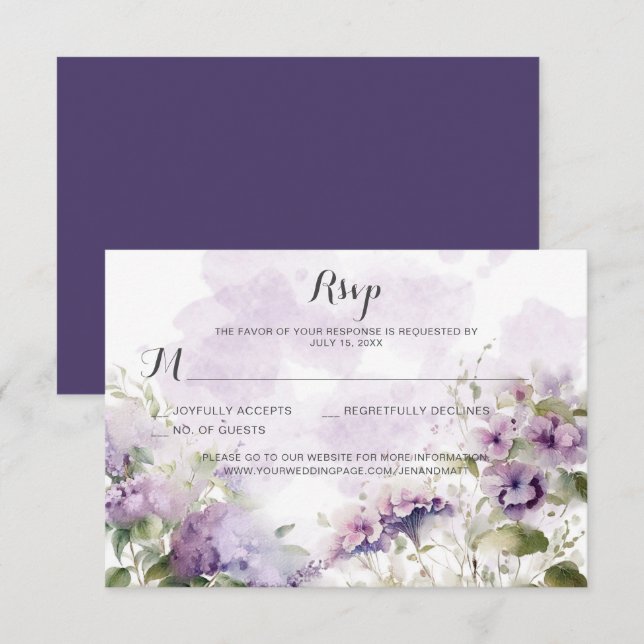 Rustic Boho Lavender Purple Floral Wedding  RSVP Card (Front/Back)
