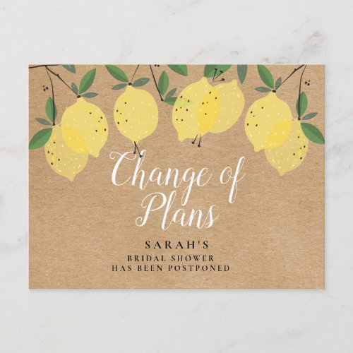 Rustic Boho Lemons Change of Plans Bridal Shower Announcement Postcard