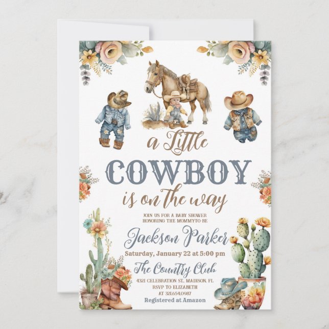 Rustic Boho Little Cowdoy Wild West Baby Shower Invitation (Front)