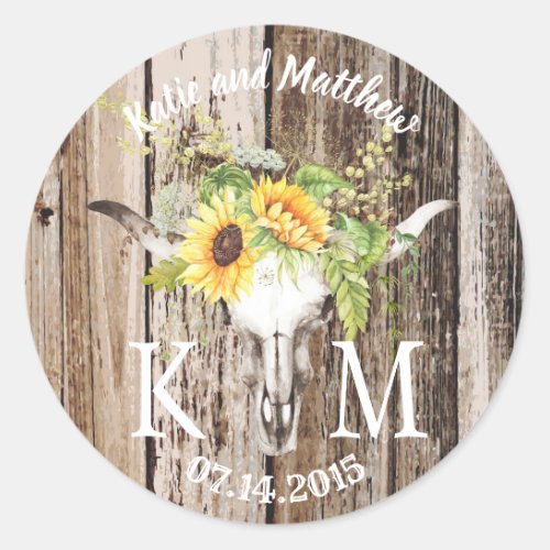 Rustic Boho Longhorn Sunflower Monogram Wedding Classic Round Sticker