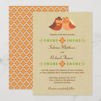 Rustic Boho Lovebird Owl Couple Wedding Invitation