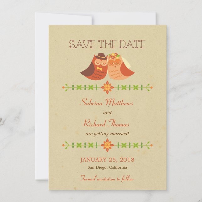 Rustic Boho Lovebird Owl Couple Wedding Save The Date (Front)