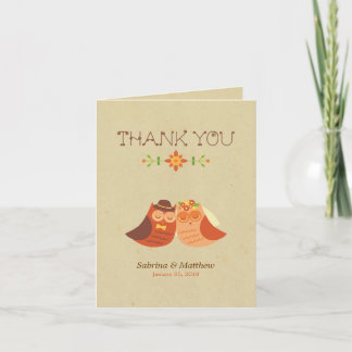 Rustic Boho Lovebird Owl Couple Wedding Thank You Card