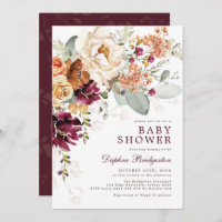 Rustic Boho Maroon Burnt Orange Floral Baby Shower Invitation