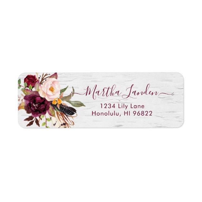 Rustic Boho Marsala+Blush Watercolor Flowers Label (Front)