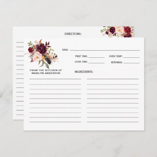 Rustic Boho Marsala Burgundy Floral Recipe Cards