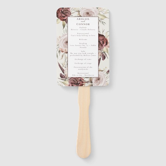 Rustic Boho Marsala Cream Floral Program Hand Fan (Front)