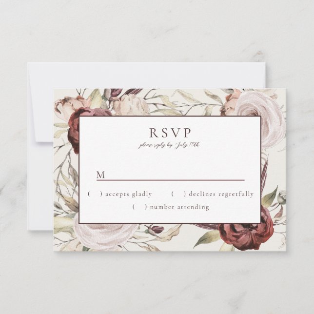 Rustic Boho Marsala Cream Floral RSVP Card (Front)