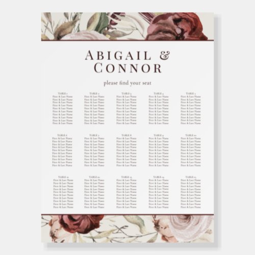 Rustic Boho Marsala Cream Floral Seating Chart Foam Board