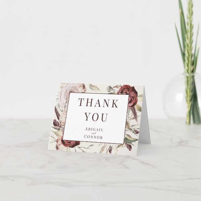 Rustic Boho Marsala Cream Floral Thank You Card (Front)