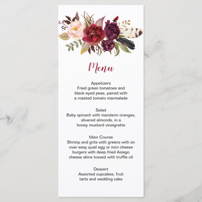 Rustic Boho Marsala Floral Feathers Wedding Menu (Front)