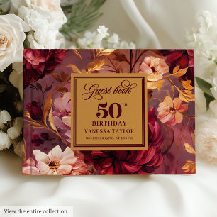 Rustic Boho Merlot Blush Gold Flowers 50th Bday Guest Book