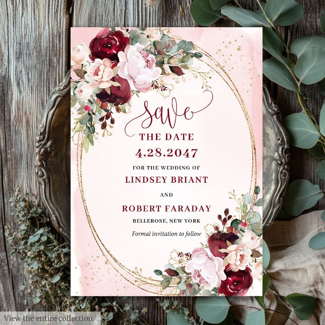 Rustic Boho Merlot Blush Gold Flowers Save Date Invitation (Rustic Boho Merlot Blush Gold Flowers Save Date)
