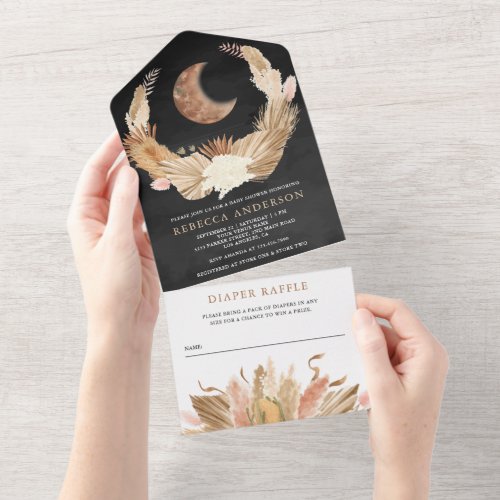 Rustic Boho Moon Pampas Grass Black Baby Shower All In One Invitation