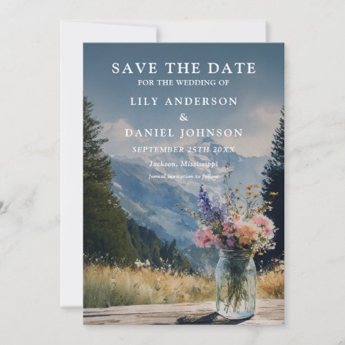 Rustic Boho Mountain Floral Mason Jar Wedding Save The Date