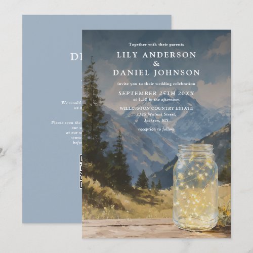 Rustic Boho Mountain Mason Jar QR Code Wedding Invitation