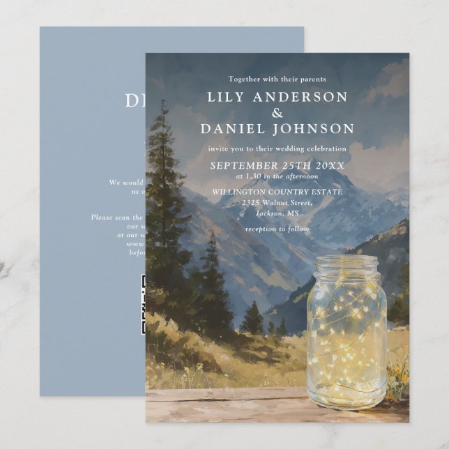 Rustic Boho Mountain Mason Jar QR Code Wedding Invitation (Front/Back)
