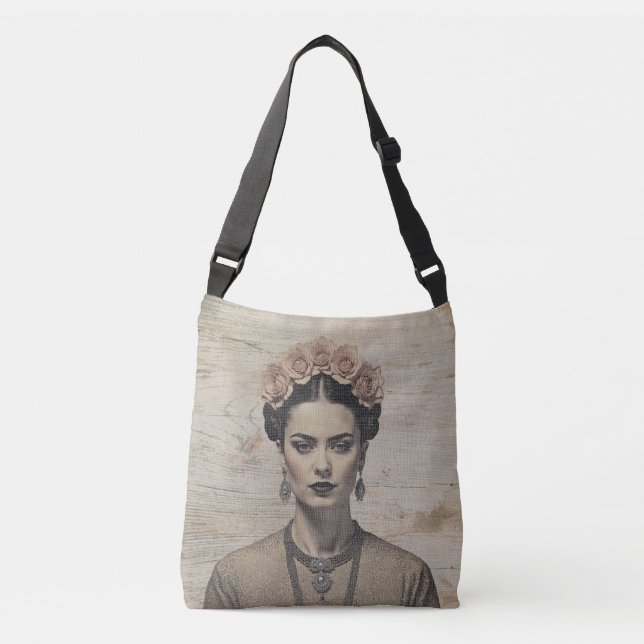 Rustic Boho Muse - Frida Kahlo Crossbody Bag  (Front)